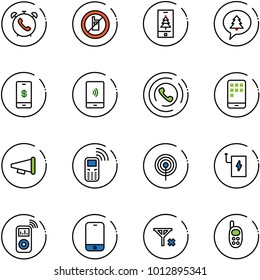 line vector icon set - phone alarm vector, no mobile sign, christmas, merry message, payment, horn, speaker, antenna, power bank, music player, signal, toy