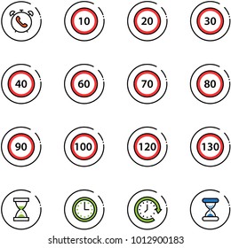 line vector icon set - phone alarm vector, speed limit 10 road sign, 20, 30, 40, 60, 70, 80, 90, 100, 120, 130, sand clock, time, around