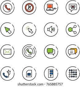 line vector icon set - phone vector, no mobile sign, netabook connect, bow message, cursor, volume medium, share, mail, horn, dialog, sim, server, circuit