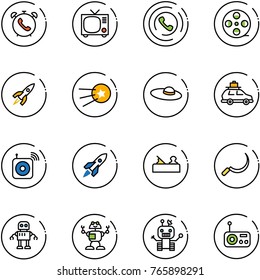 line vector icon set - phone alarm vector, tv, horn, film coil, rocket, first satellite, woman hat, car baggage, wireless speaker, jointer, sickle, robot, radio