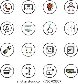 line vector icon set - phone vector, credit card, globe, cake man, merry christmas message, diagnostic monitor, onion, settings, link, cart, contact book, photo, printer wireless, bezier, lock