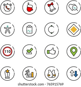 line vector icon set - phone alarm vector, christmas glove, bell, heart diagnosis, gymnastics, pulse clipboard, cent, main road sign, speed limit 110, check, like, map pin, award, career, life vest