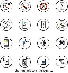 line vector icon set - phone alarm vector, no mobile sign, christmas, merry message, heart monitor, payment, horn, antenna, power bank, music player, sim, signal