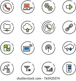 line vector icon set - phone vector, netabook connect, gear, right arrow, network folder, upload cloud, horn, link, puzzle, notebook wi fi, antenna, exchange data, satellite, no signal, fine, server