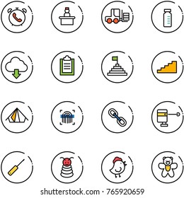 line vector icon set - phone alarm vector, recieptionist, fork loader, vial, download cloud, clipboard, pyramid flag, stairs, tent, fingerprint scanner, link, laser lever, awl, toy, chicken, bear
