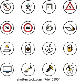 line vector icon set - phone alarm vector, gymnastics, safe, intersection road sign, speed limit 70, 80, hot tea, mat, passport, anchor, beer, monitor, wrench, screw, bear toy