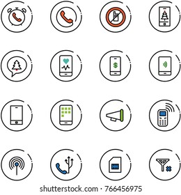 line vector icon set - phone alarm vector, no mobile sign, christmas, merry message, heart monitor, payment, speaker horn, antenna, sim, signal
