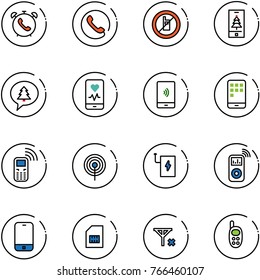 line vector icon set - phone alarm vector, no mobile sign, christmas, merry message, heart monitor, payment, antenna, power bank, music player, sim, signal, toy