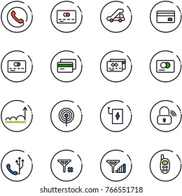line vector icon set - phone vector, credit card, trap truck, growth, antenna, power bank, wireless lock, no signal, fine, toy