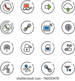 line vector icon set - phone vector, netabook connect, right arrow, upload cloud, horn, link, notebook wi fi, antenna, wireless lock, sim, router, satellite, molecule, no signal
