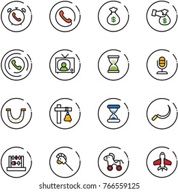 line vector icon set - phone alarm vector, money bag, encashment, horn, tv news, sand clock, microphone, luck, ship bell, sickle, abacus, horse stick toy, wheel, plane