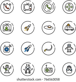 line vector icon set - phone alarm vector, tv, horn, film coil, news, rocket, woman hat, car baggage, wireless speaker, sickle, robot, radio, russian doll
