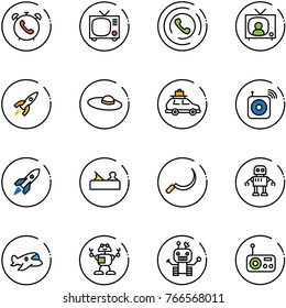 line vector icon set - phone alarm vector, tv, horn, news, rocket, woman hat, car baggage, wireless speaker, jointer, sickle, robot, plane toy, radio