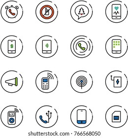 line vector icon set - phone alarm vector, no mobile sign, merry christmas message, heart monitor, payment, horn, speaker, antenna, power bank, music player, sim