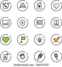 line vector icon set - phone alarm vector, cake, star postcard, heart pulse, statistics, safe, finance calendar, annual report, flag, bulb, check, identity card, beanbag