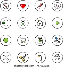 line vector icon set - phone alarm vector, heart, firework rocket, merry christmas message, euro, money bag, home, play, record, cart, molecule, delete, scissors, allen key, beanbag