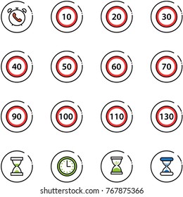 line vector icon set - phone alarm vector, speed limit 10 road sign, 20, 30, 40, 50, 60, 70, 90, 100, 110, 130, sand clock, time