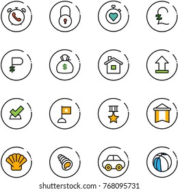 line vector icon set - phone alarm vector, lock, stopwatch heart, pound, ruble, money bag, home, uplooad, check, flag, star medal, pennant, shell, car, basketball