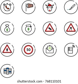 line vector icon set - phone alarm vector, side wind, christmas deer hat, scalpel, money bag, multi lane traffic road sign, slippery, intersection, speed limit 50, opened mail, server wireless