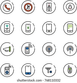 line vector icon set - phone vector, no mobile sign, christmas, merry message, heart monitor, payment, speaker horn, antenna, music player, signal, toy