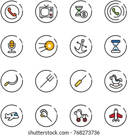 line vector icon set - phone vector, tv, account history, horn, microphone, first satellite, anchor, sand clock, sickle, farm fork, awl, rocking horse, plane toy, stick, wheel