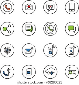 line vector icon set - phone vector, star letter, bow message, share, chat, horn, dialog, antenna, wireless mail, music player, identity card, sim, cloud exchange data, radio