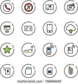 line vector icon set - phone vector, no mobile sign, credit card, tap pay, upload cloud, star, growth, server wireless, power bank, micro flash, sim, toy