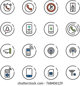 line vector icon set - phone alarm vector, no mobile sign, christmas, merry message, heart monitor, payment, horn, speaker, antenna, music player, sim, signal