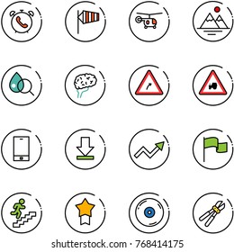 line vector icon set - phone alarm vector, side wind, helicopter, mountains, blood test, brain, turn right road sign, tractor way, download, growth arrow, flag, career, star medal, cd, bolt cutter