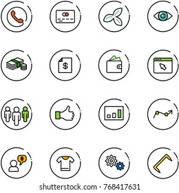 line vector icon set - phone vector, credit card, three leafs, eye, cash, account statement, wallet, cursor browser, group, like, statistics, chart point arrow, money dialog, t shirt, gear, staple