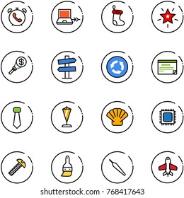 line vector icon set - phone alarm vector, netabook connect, christmas sock, star, money torch, road signpost sign, circle, schedule, tie, pennant, shell, cpu, screw, brush, forceps, toy plane