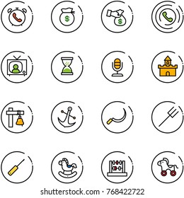 line vector icon set - phone alarm vector, money bag, encashment, horn, tv news, sand clock, microphone, fort, ship bell, anchor, sickle, farm fork, awl, rocking horse, abacus, wheel