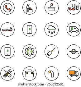 line vector icon set - phone vector, baby room, recieptionist, fork loader, baggage truck, mobile payment, money rain, encashment car, gear globe, screwdriver, jack, wrench, tool box, allen key, toy