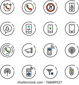 line vector icon set - phone alarm vector, no mobile sign, christmas, merry message, heart monitor, payment, horn, speaker, antenna, music player, signal, toy