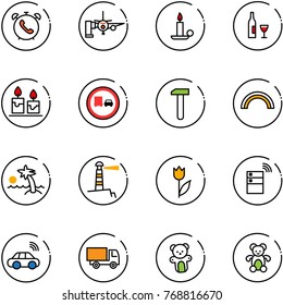 line vector icon set - phone alarm vector, boarding passengers, candle, wine, no truck overtake road sign, work, rainbow, palm, lighthouse, tulip, server wireless, car, toy, bear