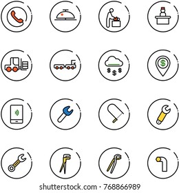 line vector icon set - phone vector, client bell, baby room, recieptionist, fork loader, baggage truck, money rain, dollar pin, mobile payment, wrench, fretsaw, plumber, allen key