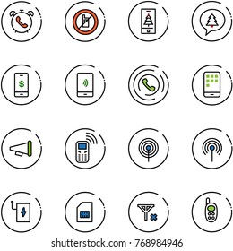 line vector icon set - phone alarm vector, no mobile sign, christmas, merry message, payment, horn, speaker, antenna, power bank, sim, signal, toy