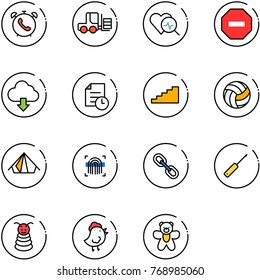 line vector icon set - phone alarm vector, fork loader, heart diagnosis, no way road sign, download cloud, history, stairs, volleyball, tent, fingerprint scanner, link, awl, pyramid toy, chicken