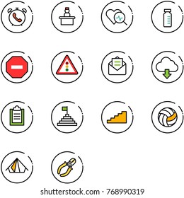 line vector icon set - phone alarm vector, recieptionist, heart diagnosis, vial, no way road sign, traffic light, opened mail, download cloud, clipboard, pyramid flag, stairs, volleyball, tent