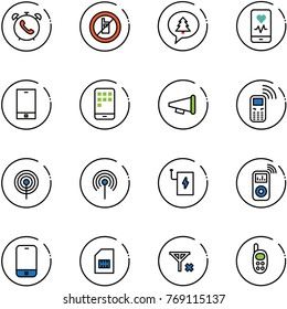 line vector icon set - phone alarm vector, no mobile sign, merry christmas message, heart monitor, speaker horn, antenna, power bank, music player, sim, signal, toy