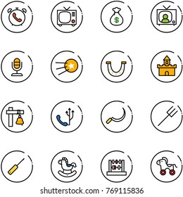 line vector icon set - phone alarm vector, tv, money bag, news, microphone, first satellite, luck, sand fort, ship bell, sickle, farm fork, awl, rocking horse, abacus, wheel