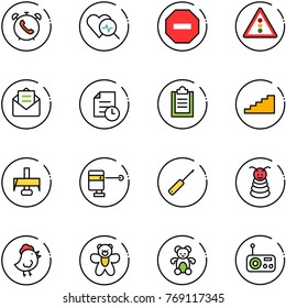 line vector icon set - phone alarm vector, heart diagnosis, no way road sign, traffic light, opened mail, history, clipboard, stairs, milling cutter, laser lever, awl, pyramid toy, chicken, bear