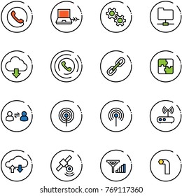 line vector icon set - phone vector, netabook connect, gear, network folder, download cloud, horn, link, puzzle, information exchange, antenna, wi fi router, data, satellite, fine signal, allen key