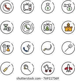 line vector icon set - phone vector, tv, money bag, encashment, account history, horn, news, sand fort, ship bell, sickle, farm fork, awl, horse stick toy, wheel, plane