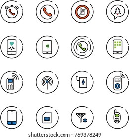 line vector icon set - phone alarm vector, no mobile sign, merry christmas message, heart monitor, payment, horn, antenna, power bank, music player, sim, signal, toy