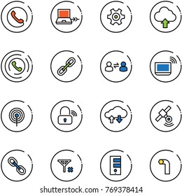 line vector icon set - phone vector, netabook connect, gear, upload cloud, horn, link, information exchange, notebook wi fi, antenna, wireless lock, data, satellite, no signal, server, allen key