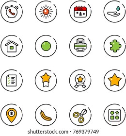 line vector icon set - phone alarm vector, sun, christmas calendar, drop hand, home, record, printer, puzzle, list, star medal, atm map pin, banana, scissors, cube hole toy