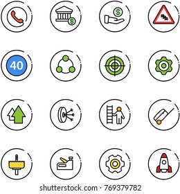 line vector icon set - phone vector, account, investment, multi lane traffic road sign, minimal speed limit, social, target, gear, arrow up, solution, opportunity, suitcase, crown drill, stapler