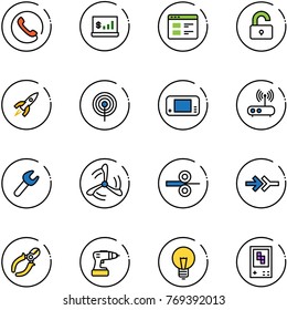 line vector icon set - phone vector, account statistics, website, unlocked, rocket, antenna, game console, wi fi router, wrench, wind mill, steel rolling, connect, side cutters, drill, bulb