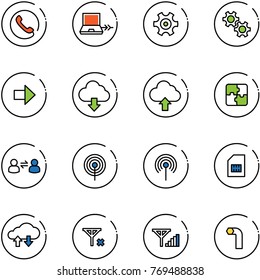 line vector icon set - phone vector, netabook connect, gear, right arrow, download cloud, upload, puzzle, information exchange, antenna, sim, data, no signal, fine, allen key